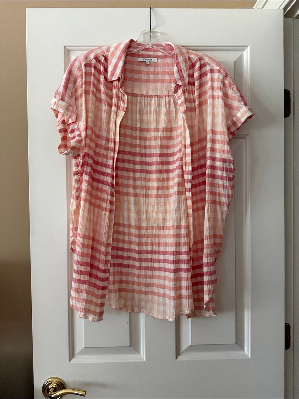 Madewell Peach and Pink Plaid Button-Down Top